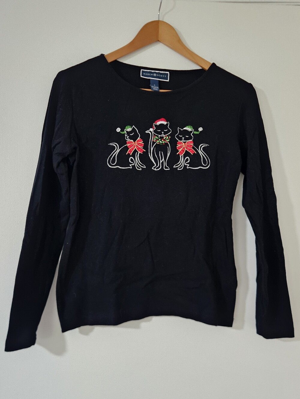 Womens Top Christmas Cat S Festive Rhinestone Holiday Party Casual Fun Cat Lady
